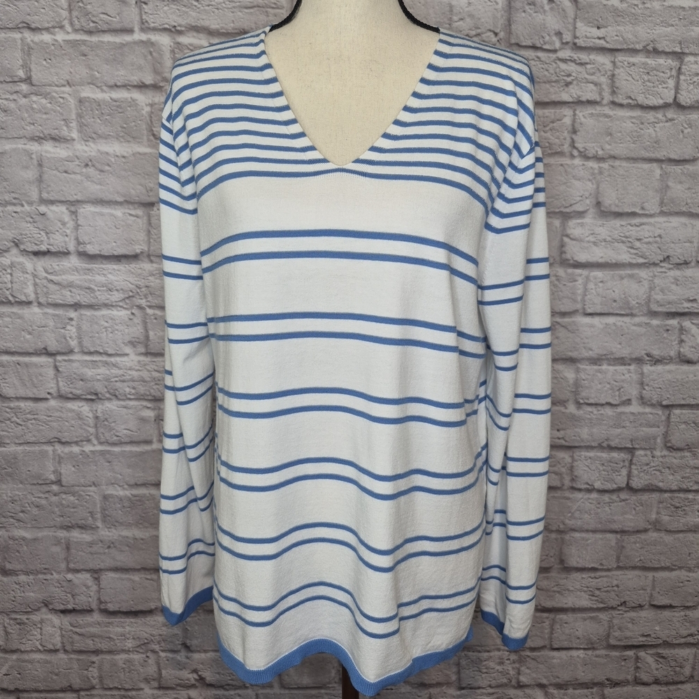 Lafayette 148 Sweater White Blue Striped V Neck Nautical Lightweight Womens Sz M - Picture 3 of 9